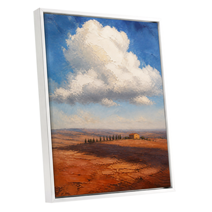 Cloud Over Ochre Fields, blue, white, brown nature wall art shown as a white framed canvas wall art