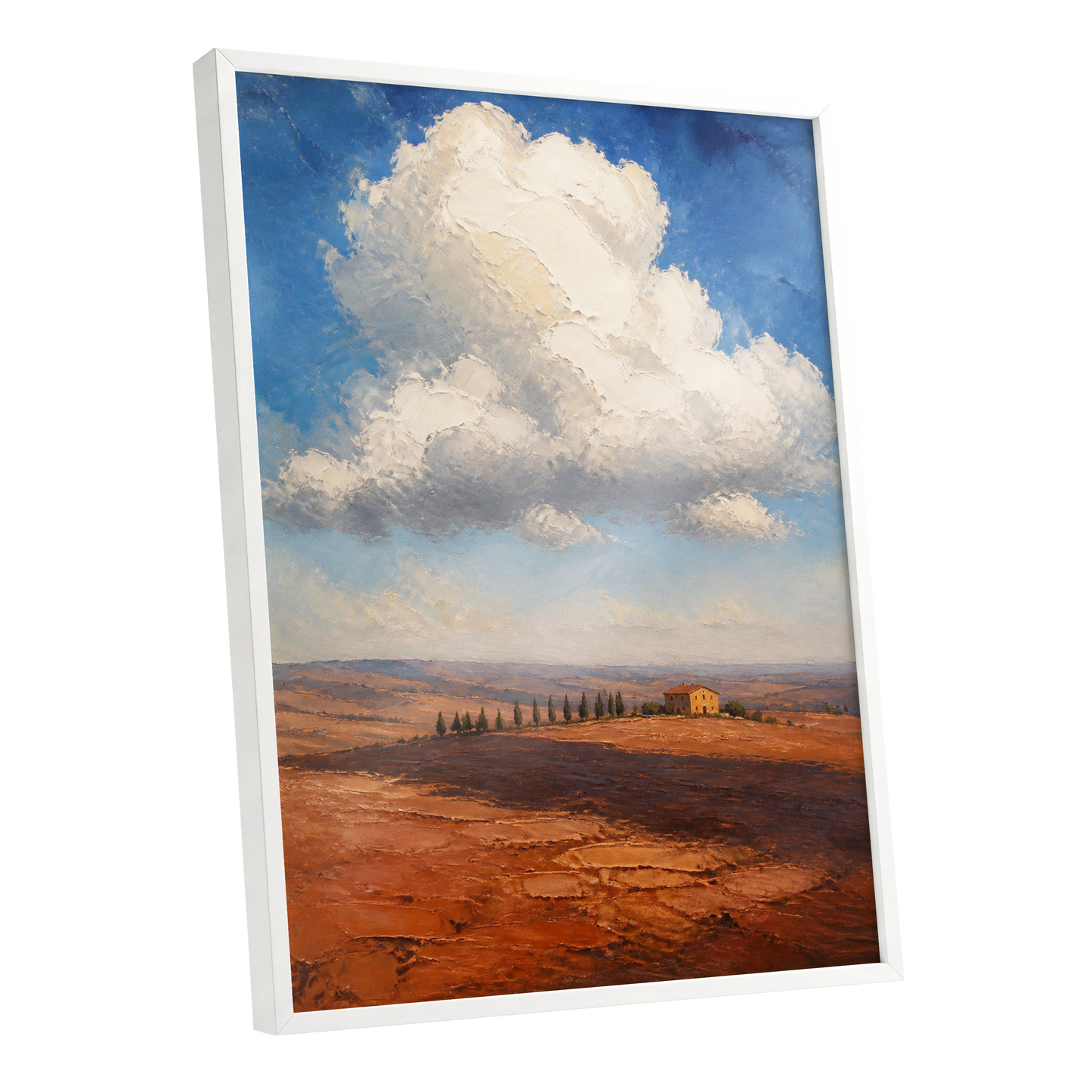 Cloud Over Ochre Fields, blue, white, brown nature wall art shown as a white framed poster wall art print