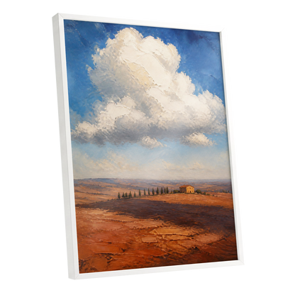 Cloud Over Ochre Fields, blue, white, brown nature wall art shown as a white framed poster wall art print