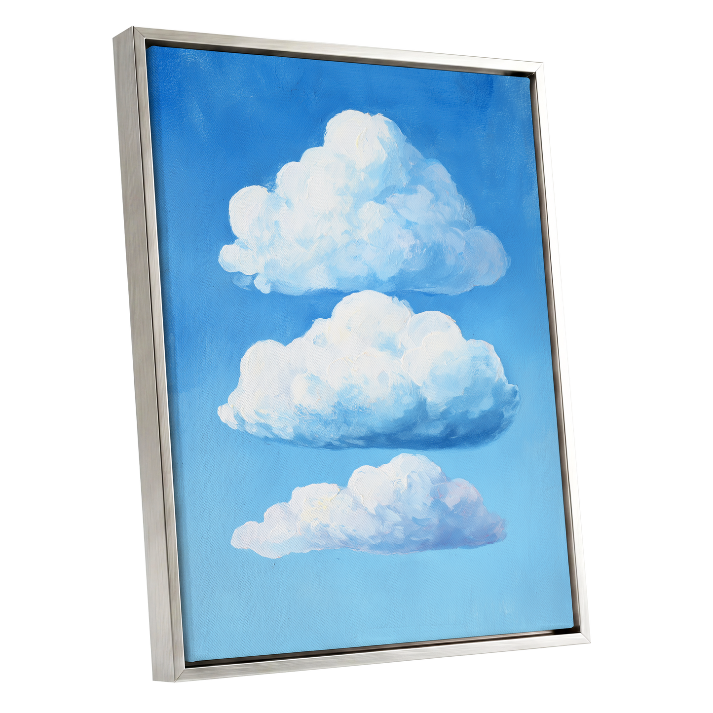 Cloud Study in Blue, blue, white, gray nature wall art shown as a silver framed canvas wall art