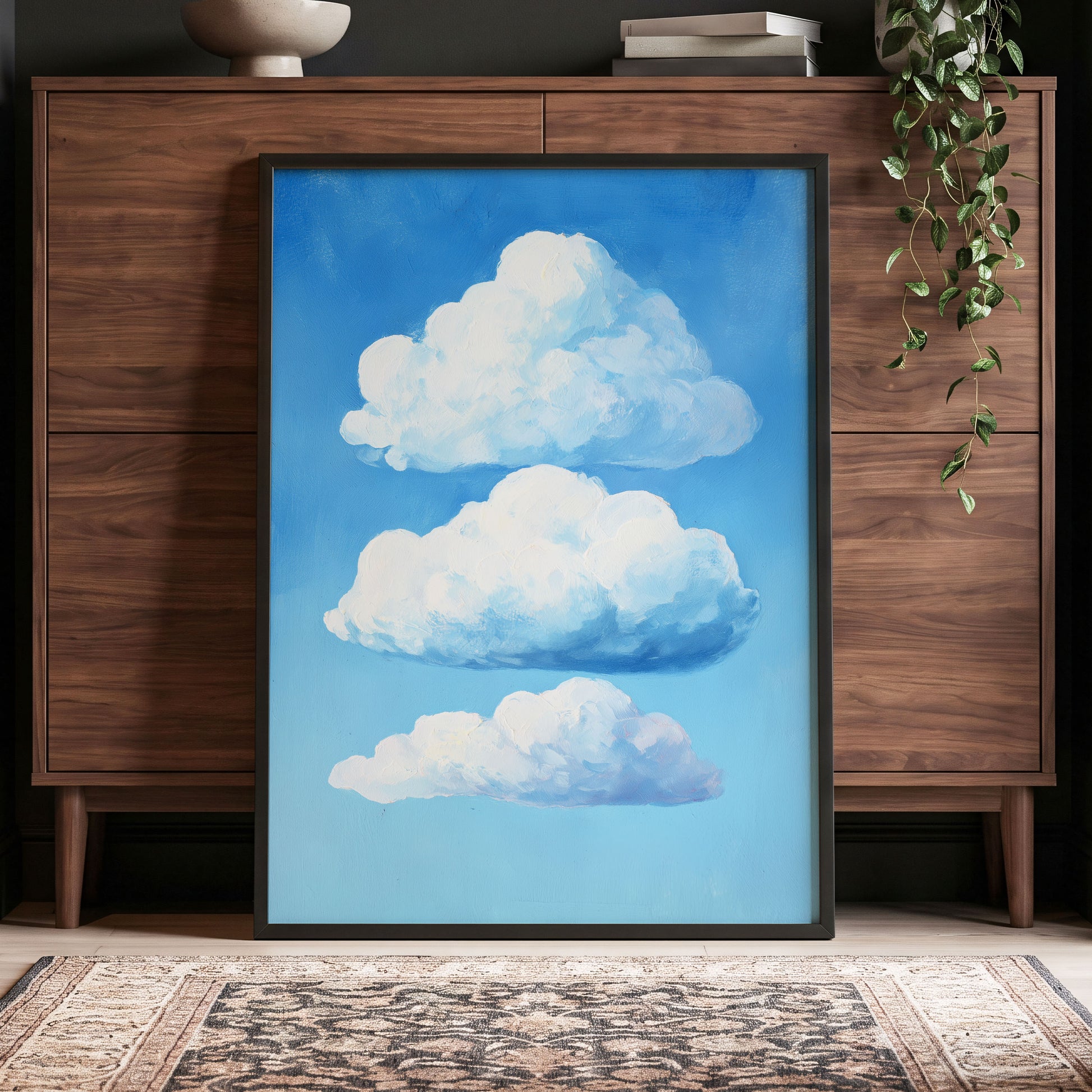 Cloud Study in Blue, blue, white, gray nature wall art displayed in a styled interior, gallery view 6