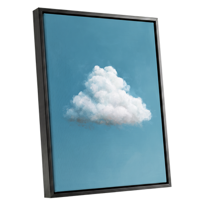Cloudborne Calm, blue, white, gray nature wall art shown as a black framed canvas wall art