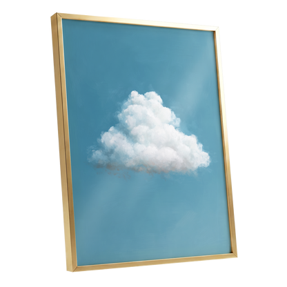 Cloudborne Calm, blue, white, gray nature wall art shown as a gold framed poster wall art print