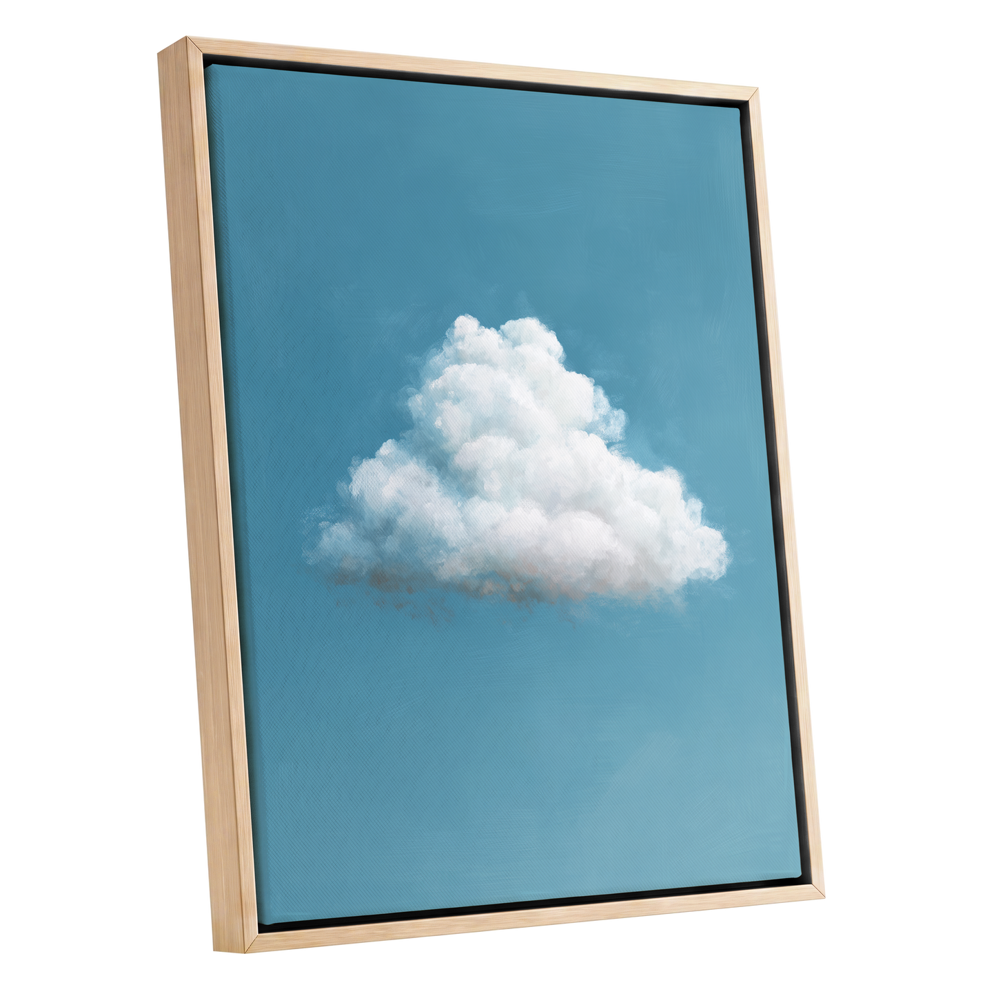 Cloudborne Calm, blue, white, gray nature wall art shown as a oak framed canvas wall art