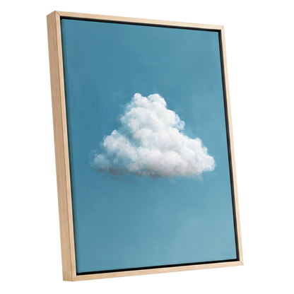 Cloudborne Calm, blue, white, gray nature wall art shown as a oak framed canvas wall art