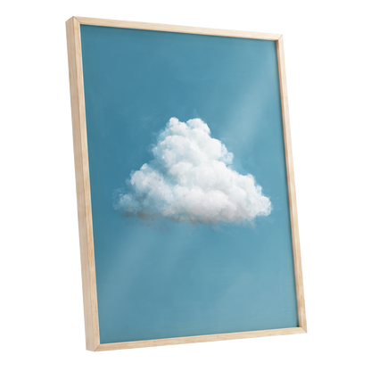 Cloudborne Calm, blue, white, gray nature wall art shown as a oak framed poster wall art print