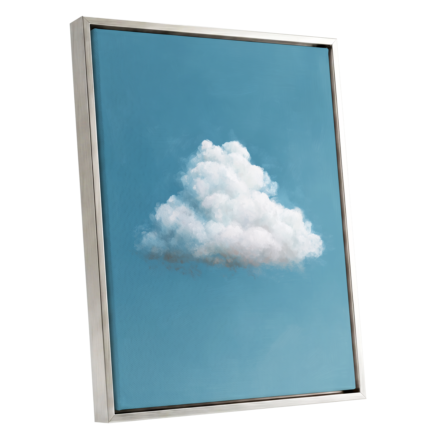 Cloudborne Calm, blue, white, gray nature wall art shown as a silver framed canvas wall art