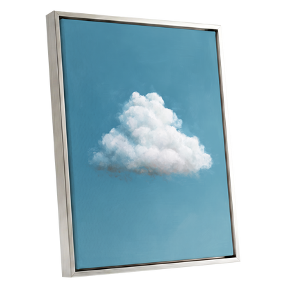 Cloudborne Calm, blue, white, gray nature wall art shown as a silver framed canvas wall art