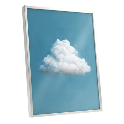 Cloudborne Calm, blue, white, gray nature wall art shown as a silver framed poster wall art print