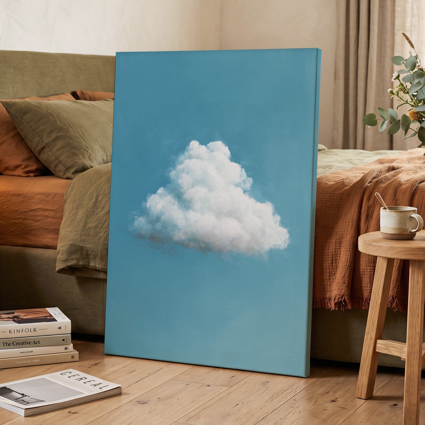 Cloudborne Calm, blue, white, gray nature wall art displayed in a styled interior, gallery view 3