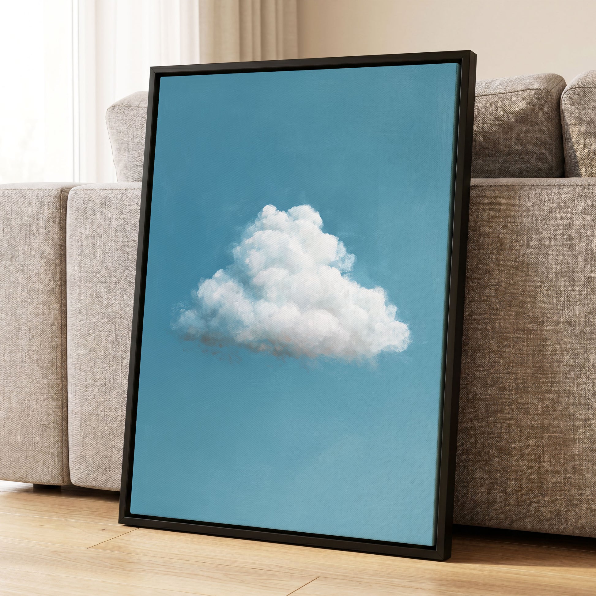 Cloudborne Calm, blue, white, gray nature wall art displayed in a styled interior, gallery view 4
