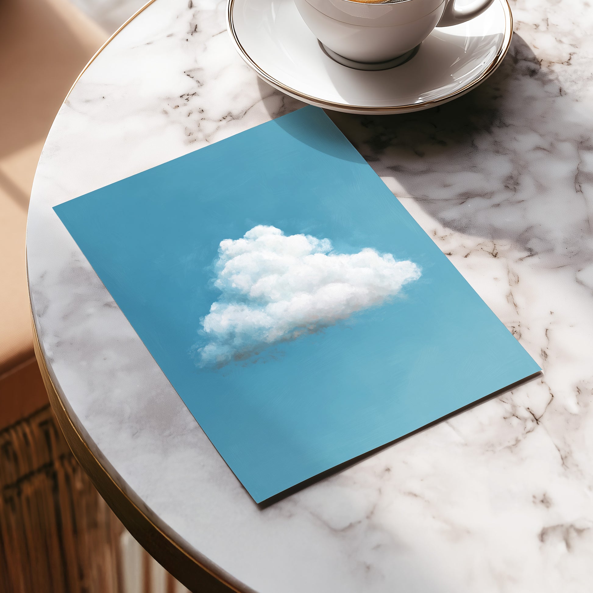 Cloudborne Calm, blue, white, gray nature wall art displayed in a styled interior, gallery view 5