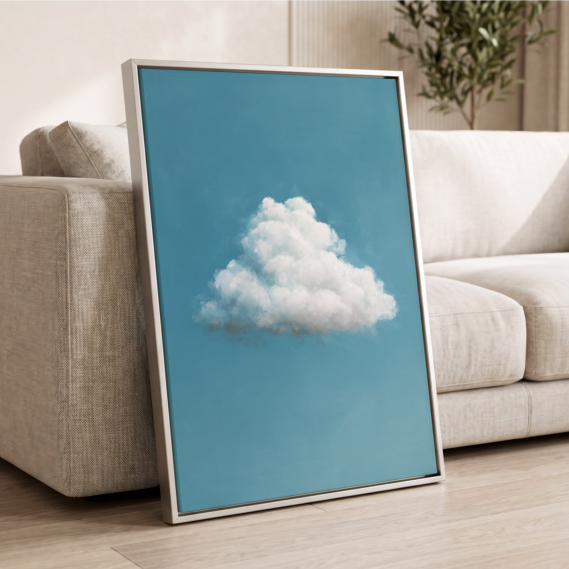 Cloudborne Calm, blue, white, gray nature wall art displayed in a styled interior, gallery view 8
