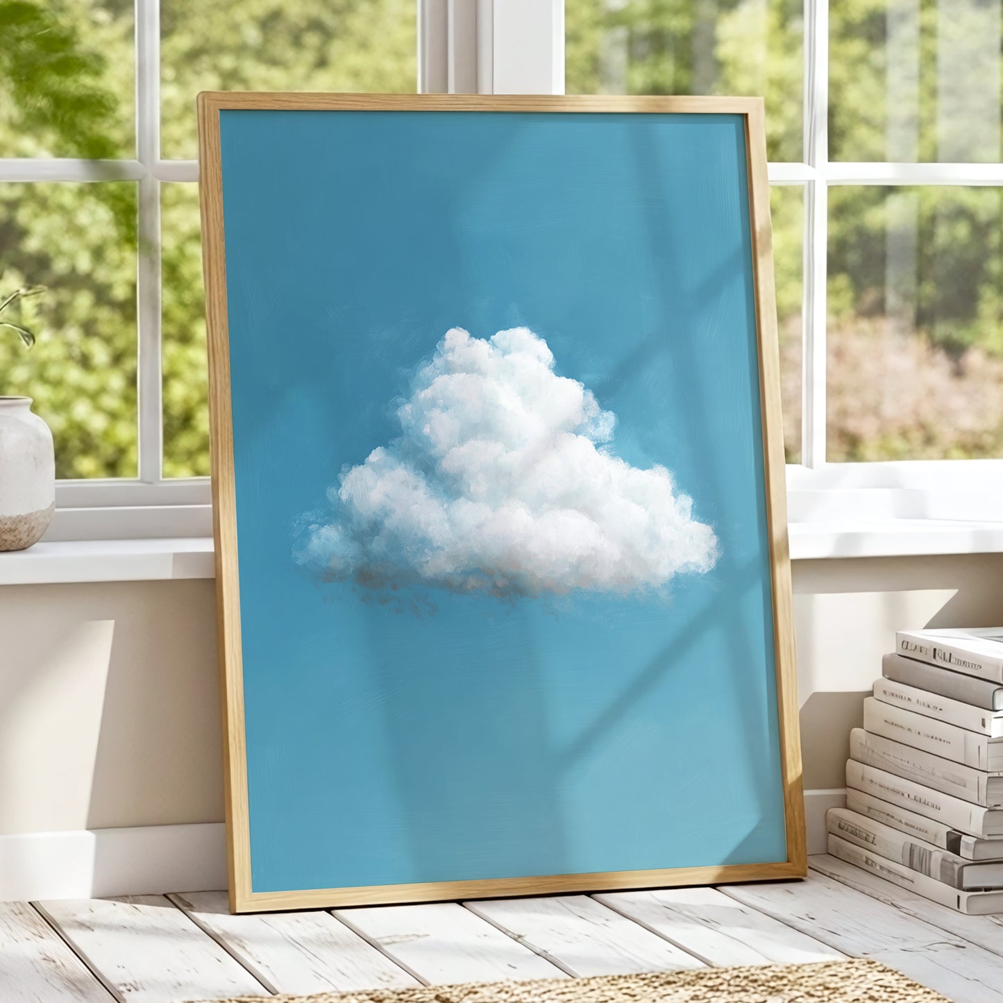 Cloudborne Calm, blue, white, gray nature wall art displayed in a styled interior, gallery view 9