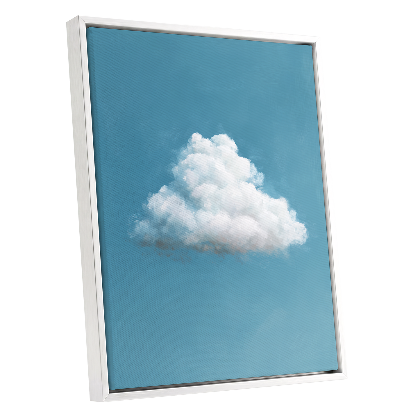 Cloudborne Calm, blue, white, gray nature wall art shown as a white framed canvas wall art
