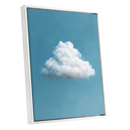 Cloudborne Calm, blue, white, gray nature wall art shown as a white framed canvas wall art