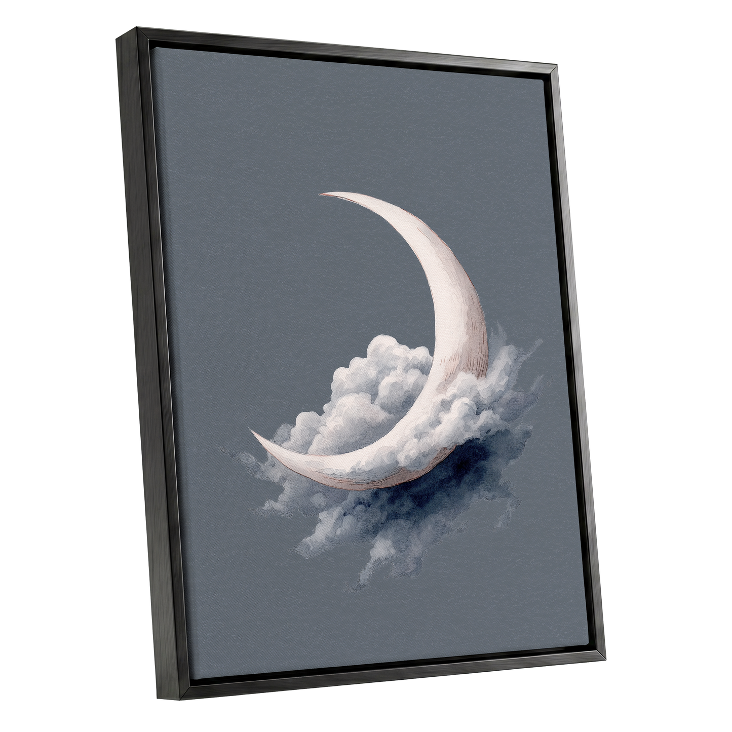 Cloudborne Crescent, gray, white, blue nature wall art shown as a black framed canvas wall art