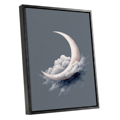 Cloudborne Crescent, gray, white, blue nature wall art shown as a black framed canvas wall art