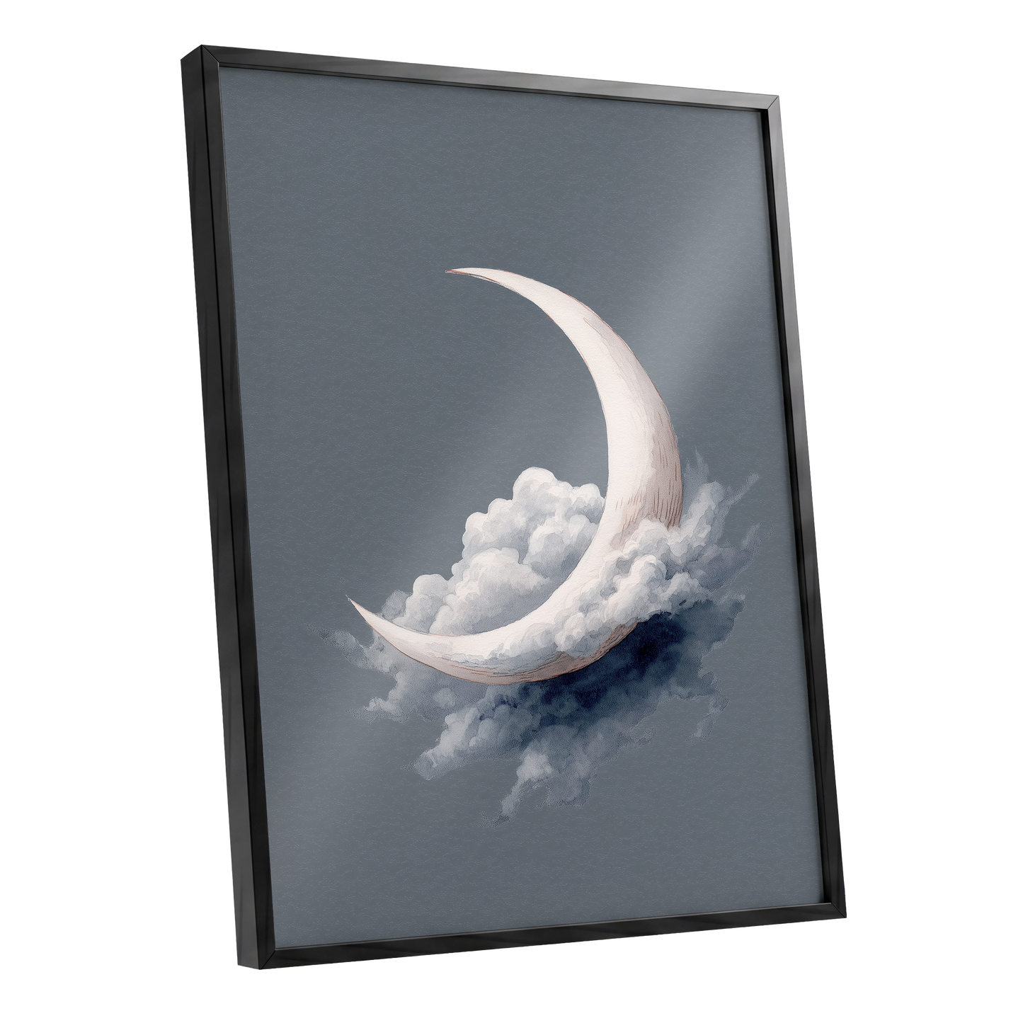 Cloudborne Crescent, gray, white, blue nature wall art shown as a black framed poster wall art print