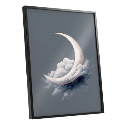 Cloudborne Crescent, gray, white, blue nature wall art shown as a black framed poster wall art print