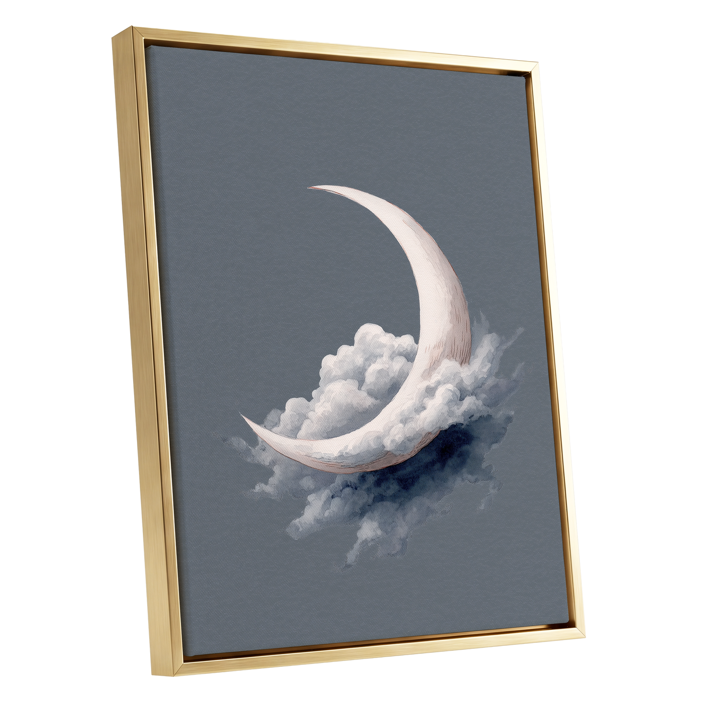 Cloudborne Crescent, gray, white, blue nature wall art shown as a gold framed canvas wall art
