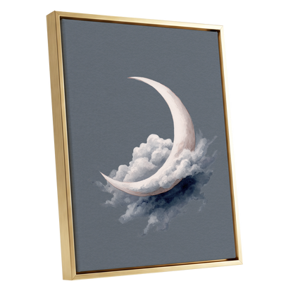 Cloudborne Crescent, gray, white, blue nature wall art shown as a gold framed canvas wall art