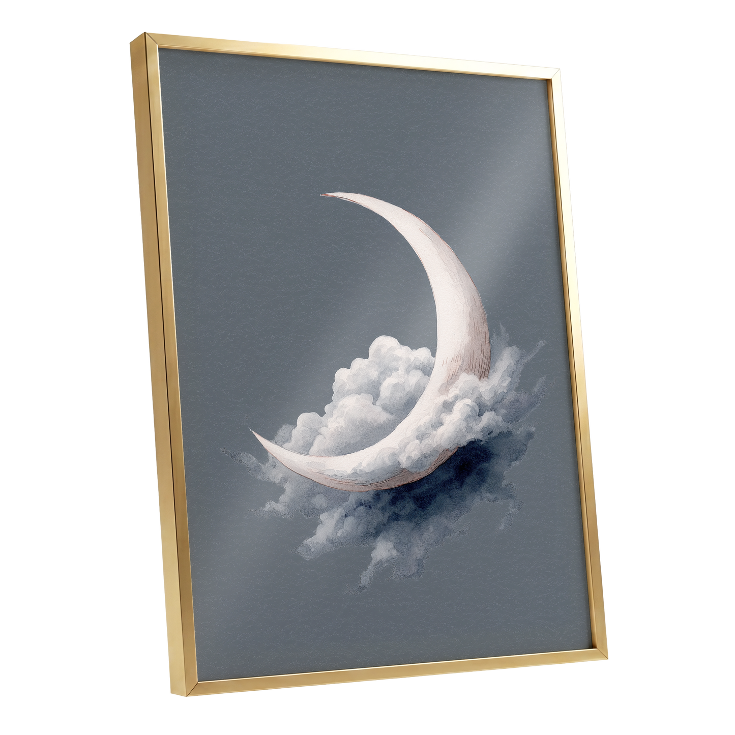 Cloudborne Crescent, gray, white, blue nature wall art shown as a gold framed poster wall art print