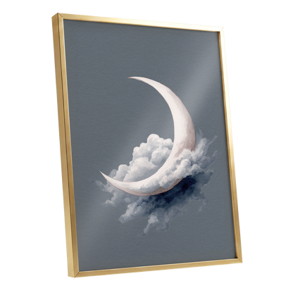 Cloudborne Crescent, gray, white, blue nature wall art shown as a gold framed poster wall art print