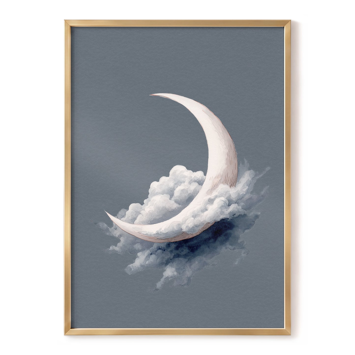 Cloudborne Crescent, gray, white, blue nature wall art, front artwork view