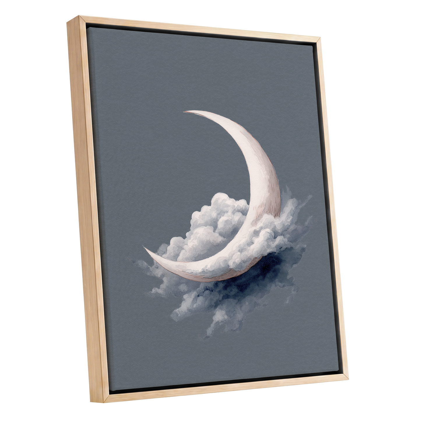 Cloudborne Crescent, gray, white, blue nature wall art shown as a oak framed canvas wall art