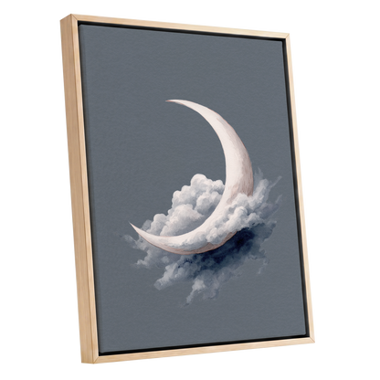 Cloudborne Crescent, gray, white, blue nature wall art shown as a oak framed canvas wall art