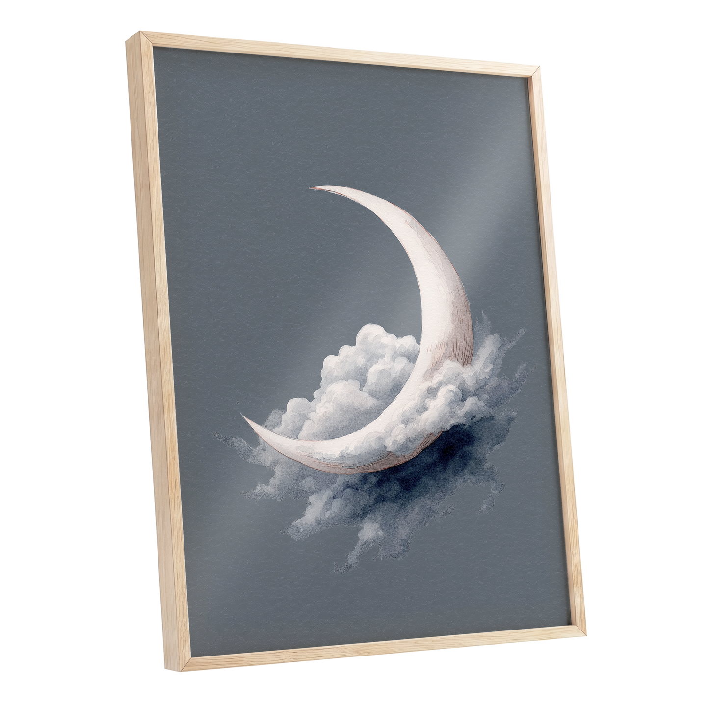Cloudborne Crescent, gray, white, blue nature wall art shown as a oak framed poster wall art print