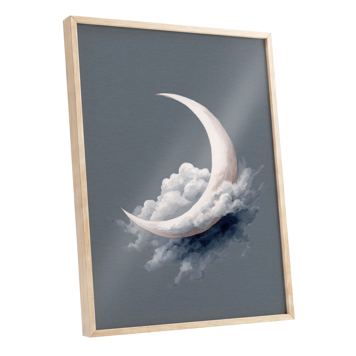 Cloudborne Crescent, gray, white, blue nature wall art shown as a oak framed poster wall art print