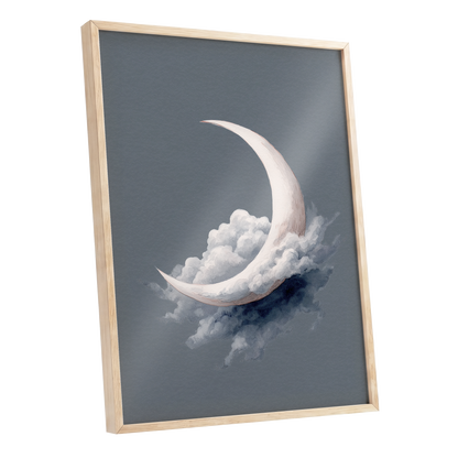 Cloudborne Crescent, gray, white, blue nature wall art shown as a oak framed poster wall art print