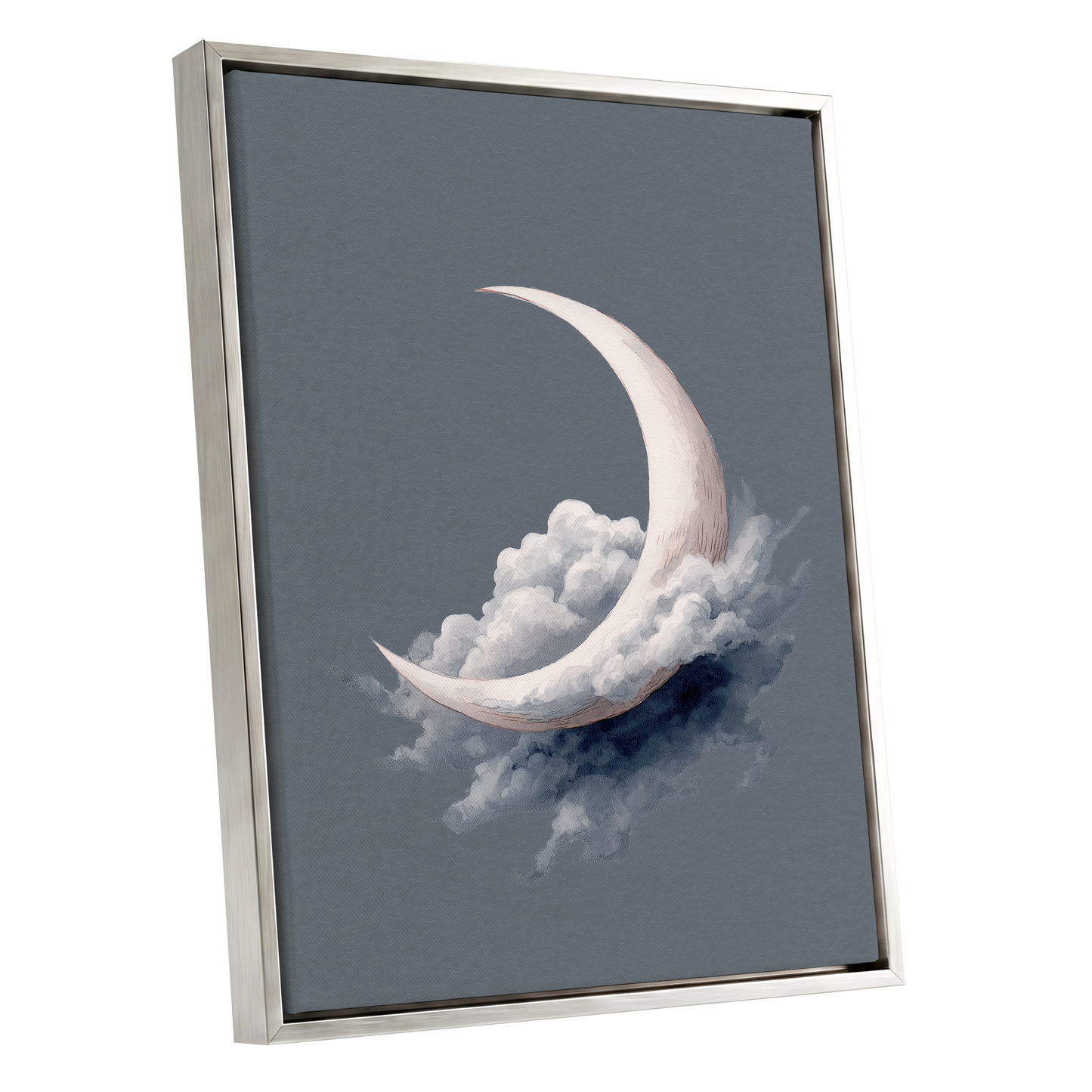 Cloudborne Crescent, gray, white, blue nature wall art shown as a silver framed canvas wall art