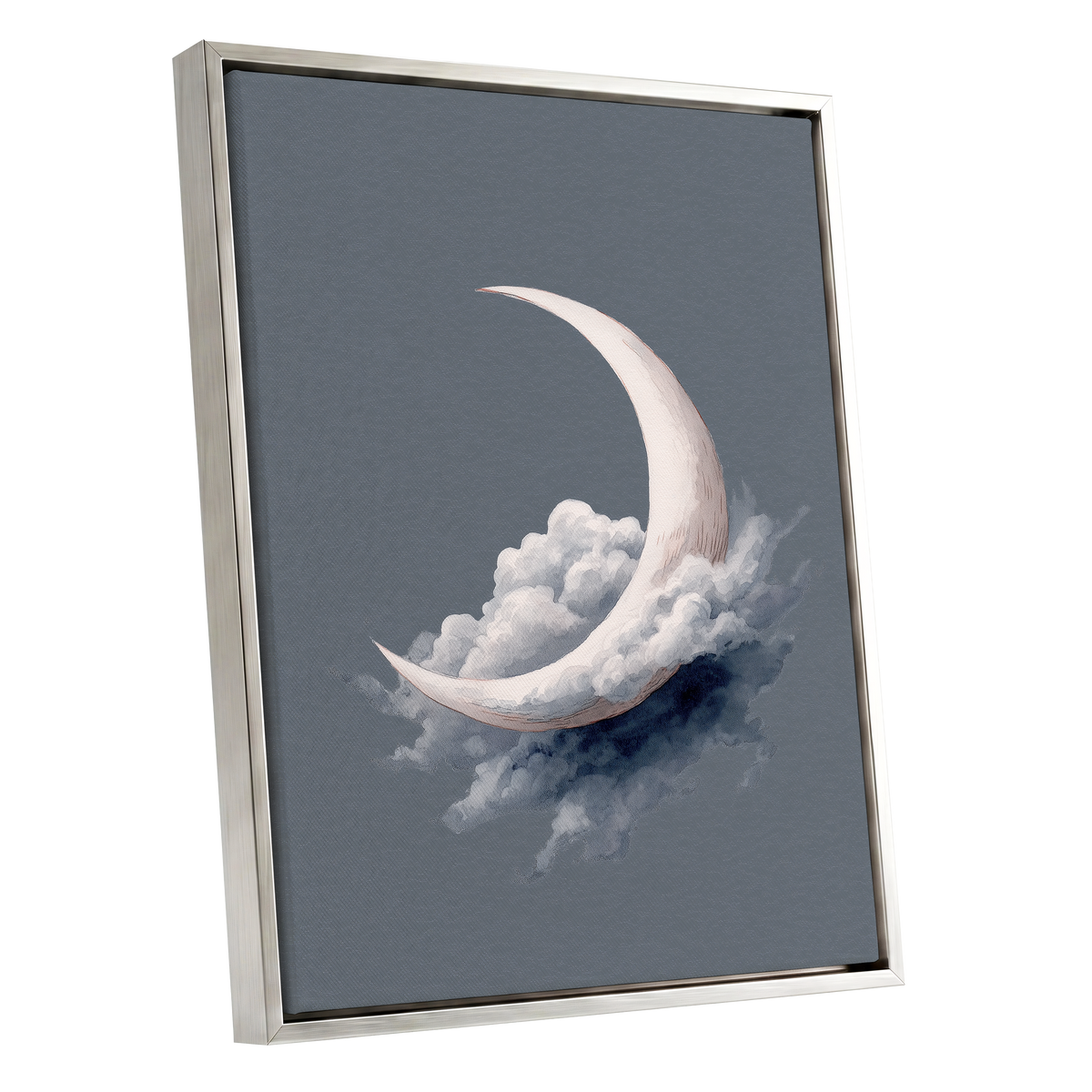 Cloudborne Crescent, gray, white, blue nature wall art shown as a silver framed canvas wall art