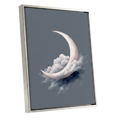 Cloudborne Crescent, gray, white, blue nature wall art shown as a silver framed canvas wall art
