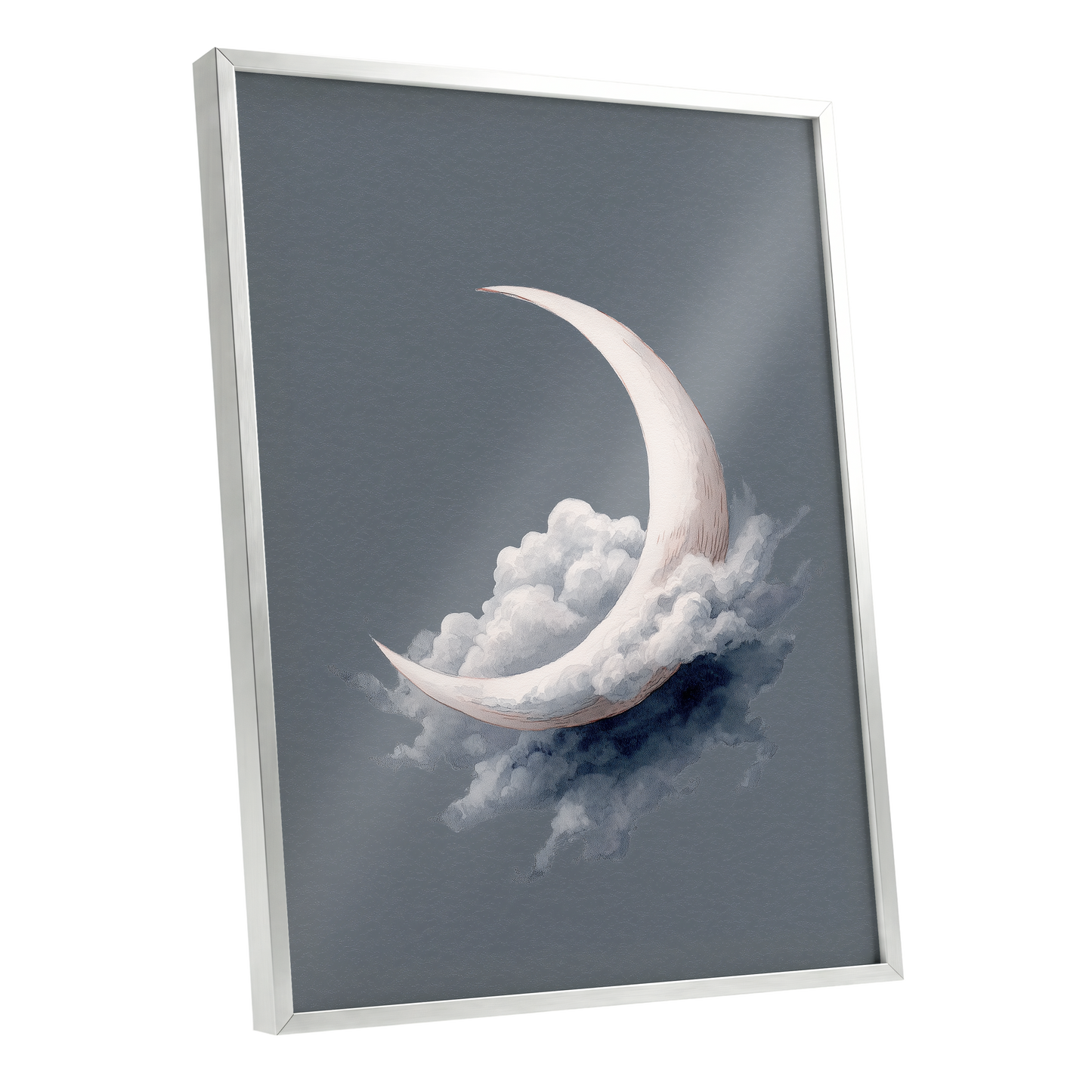 Cloudborne Crescent, gray, white, blue nature wall art shown as a silver framed poster wall art print
