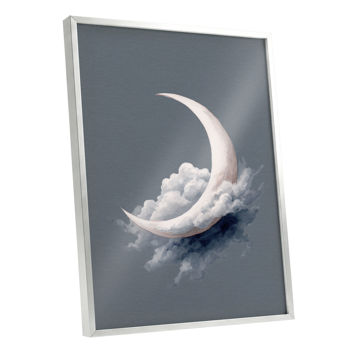 Cloudborne Crescent, gray, white, blue nature wall art shown as a silver framed poster wall art print