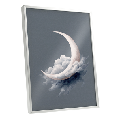 Cloudborne Crescent, gray, white, blue nature wall art shown as a silver framed poster wall art print