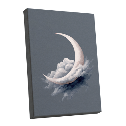 Cloudborne Crescent, gray, white, blue nature wall art shown as a stretched canvas wall art