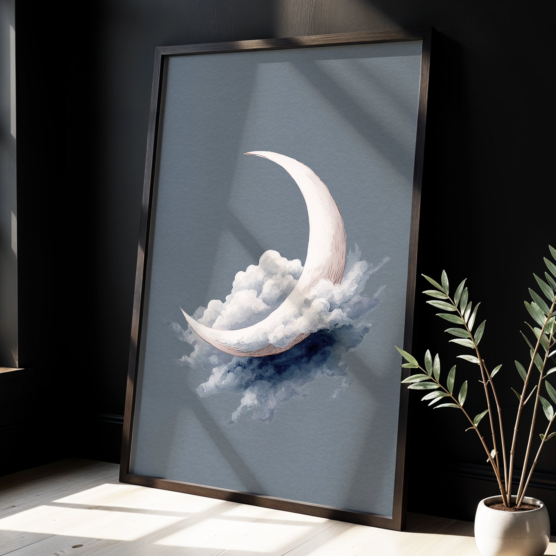 Cloudborne Crescent, gray, white, blue nature wall art displayed in a styled interior, gallery view 2
