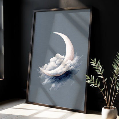 Cloudborne Crescent, gray, white, blue nature wall art displayed in a styled interior, gallery view 2