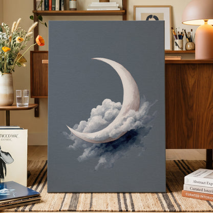 Cloudborne Crescent, gray, white, blue nature wall art displayed in a styled interior, gallery view 3
