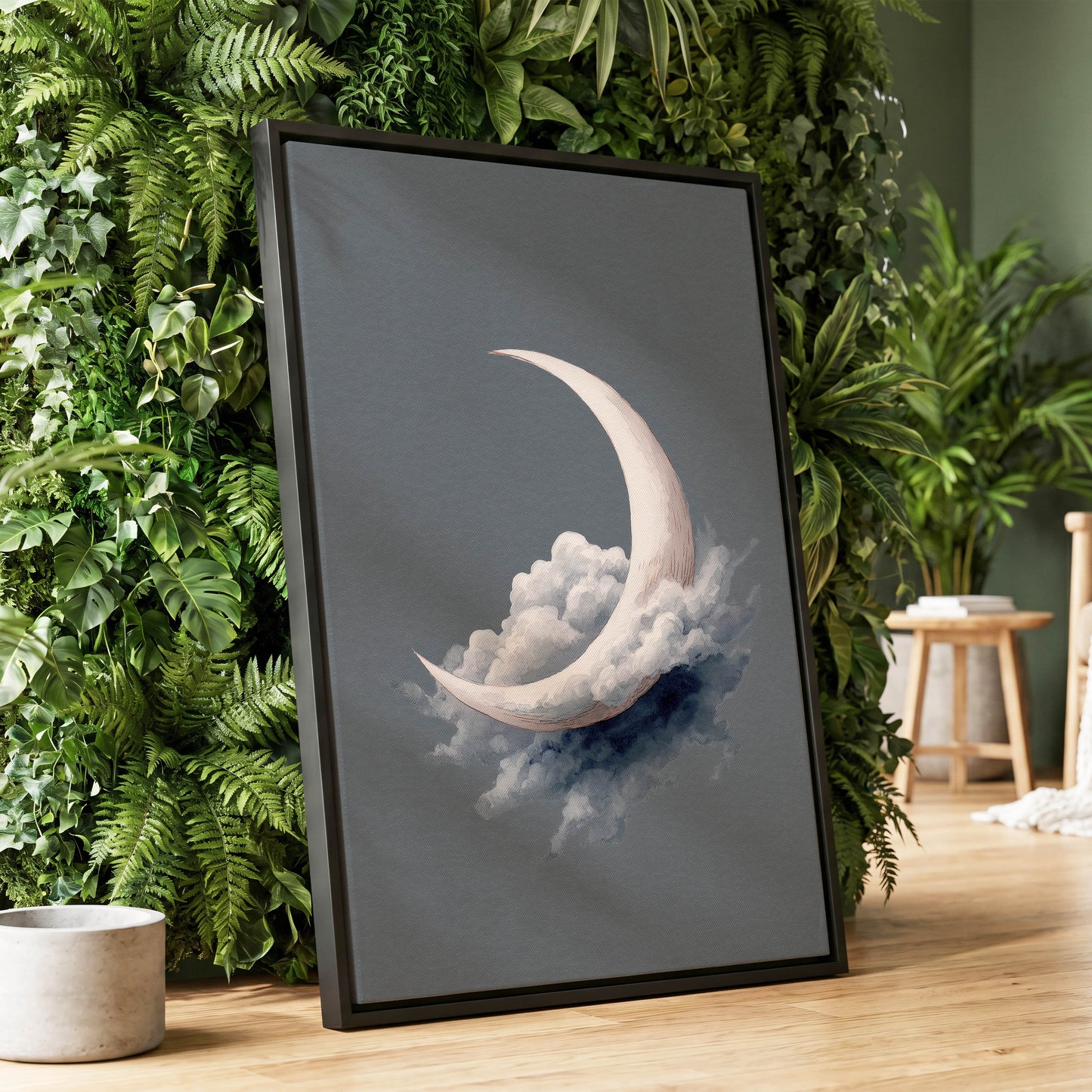 Cloudborne Crescent, gray, white, blue nature wall art displayed in a styled interior, gallery view 4