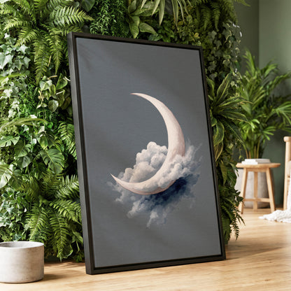 Cloudborne Crescent, gray, white, blue nature wall art displayed in a styled interior, gallery view 4