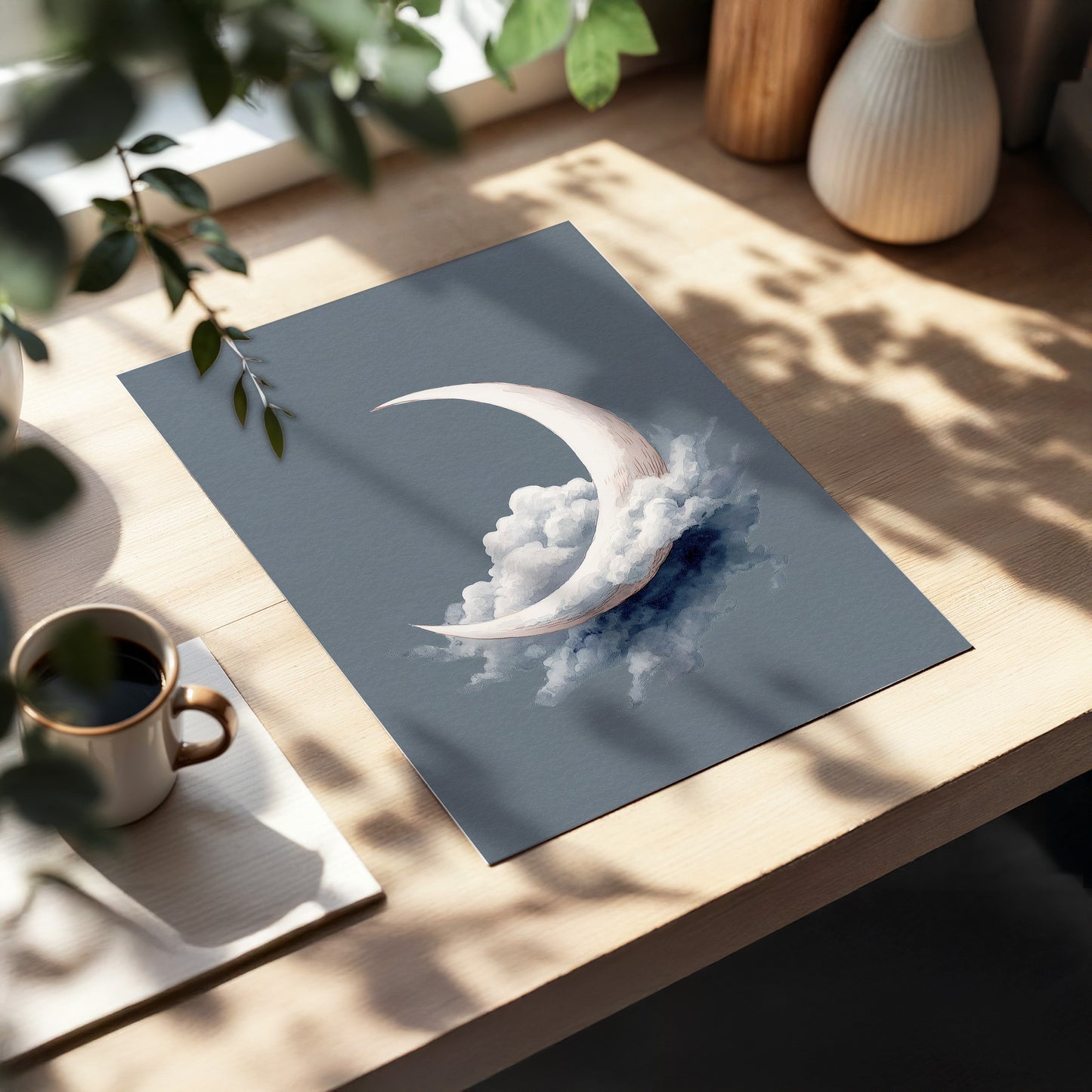Cloudborne Crescent, gray, white, blue nature wall art displayed in a styled interior, gallery view 5