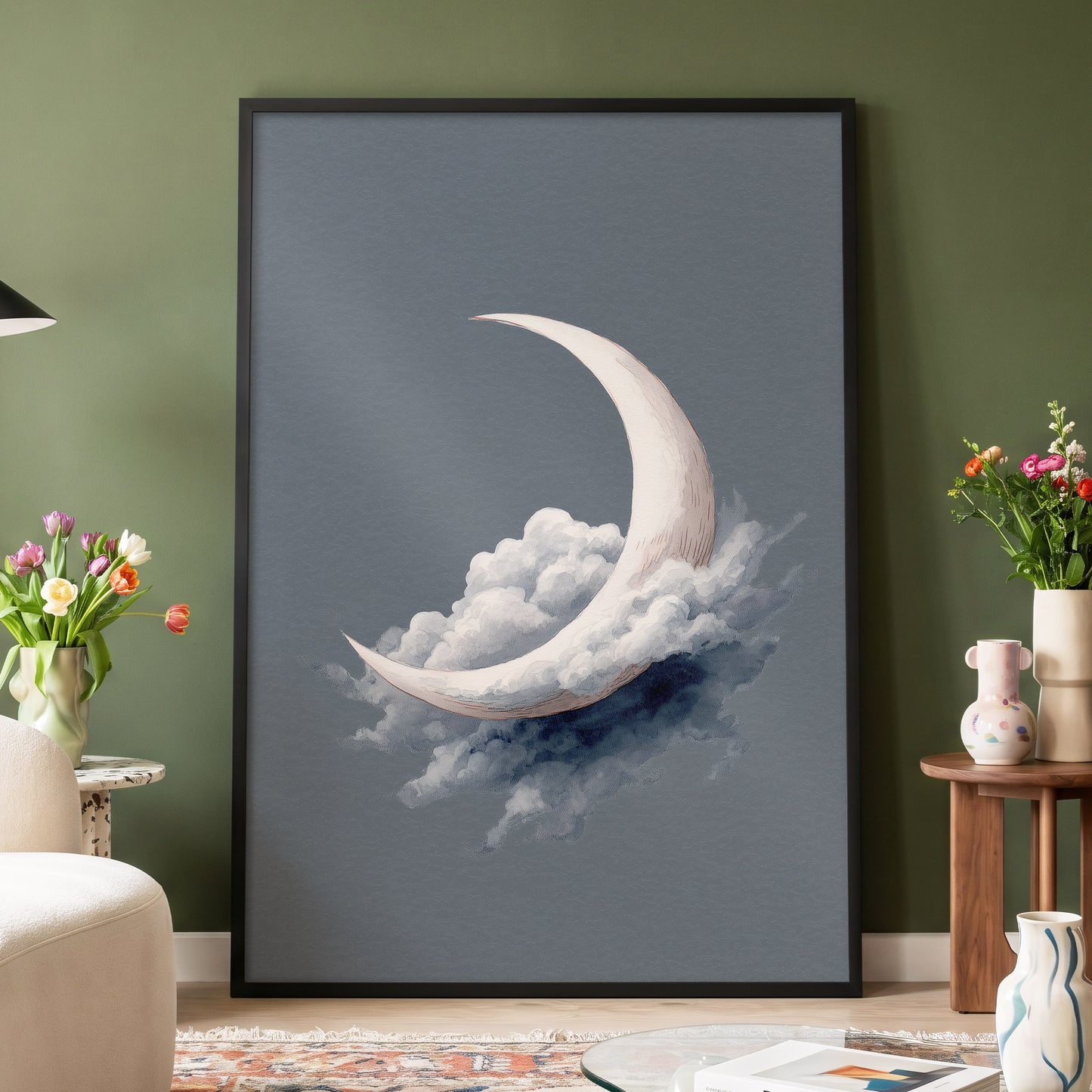 Cloudborne Crescent, gray, white, blue nature wall art displayed in a styled interior, gallery view 6