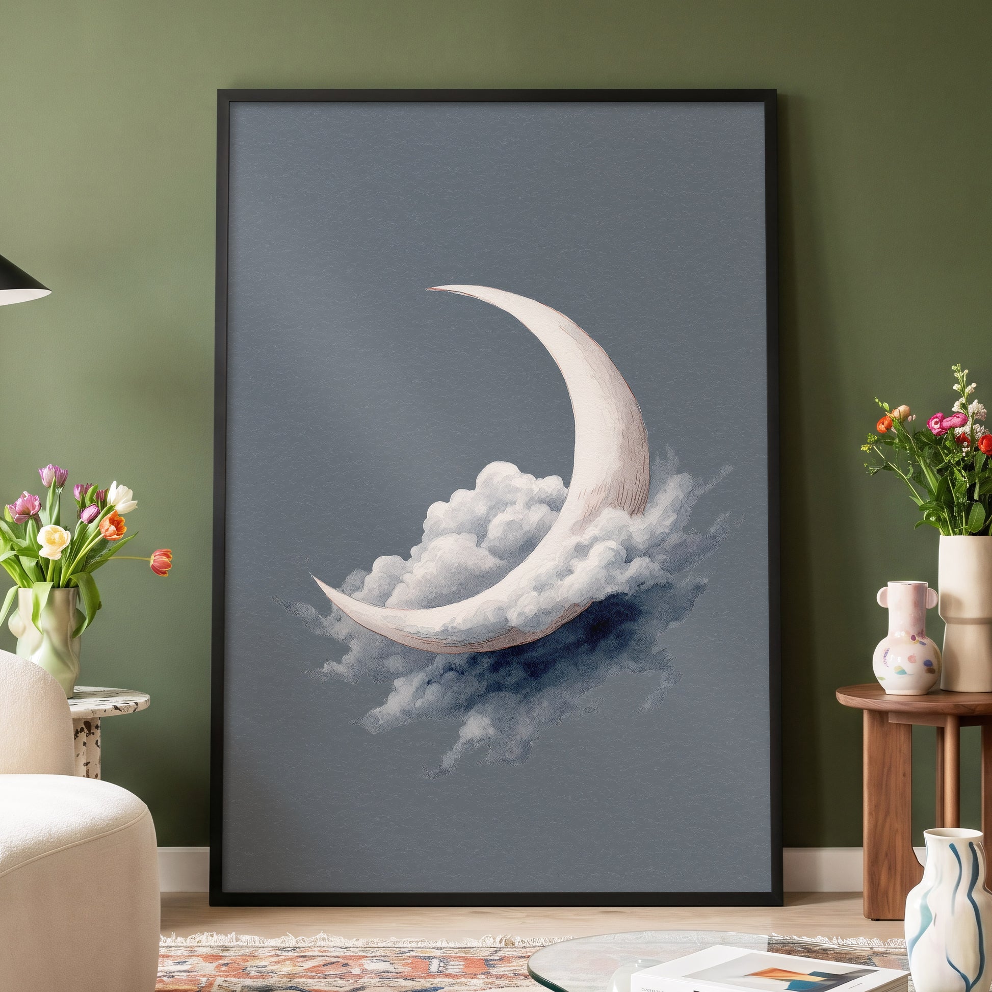 Cloudborne Crescent, gray, white, blue nature wall art displayed in a styled interior, gallery view 6