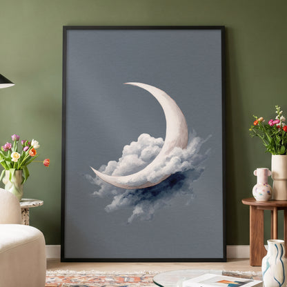 Cloudborne Crescent, gray, white, blue nature wall art displayed in a styled interior, gallery view 6